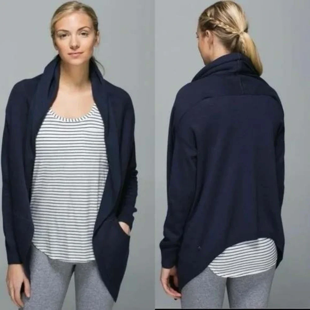 Lululemon Cabin Yogi Wrap Open Front Cardigan Navy Blue Cashmere Blend Size 4